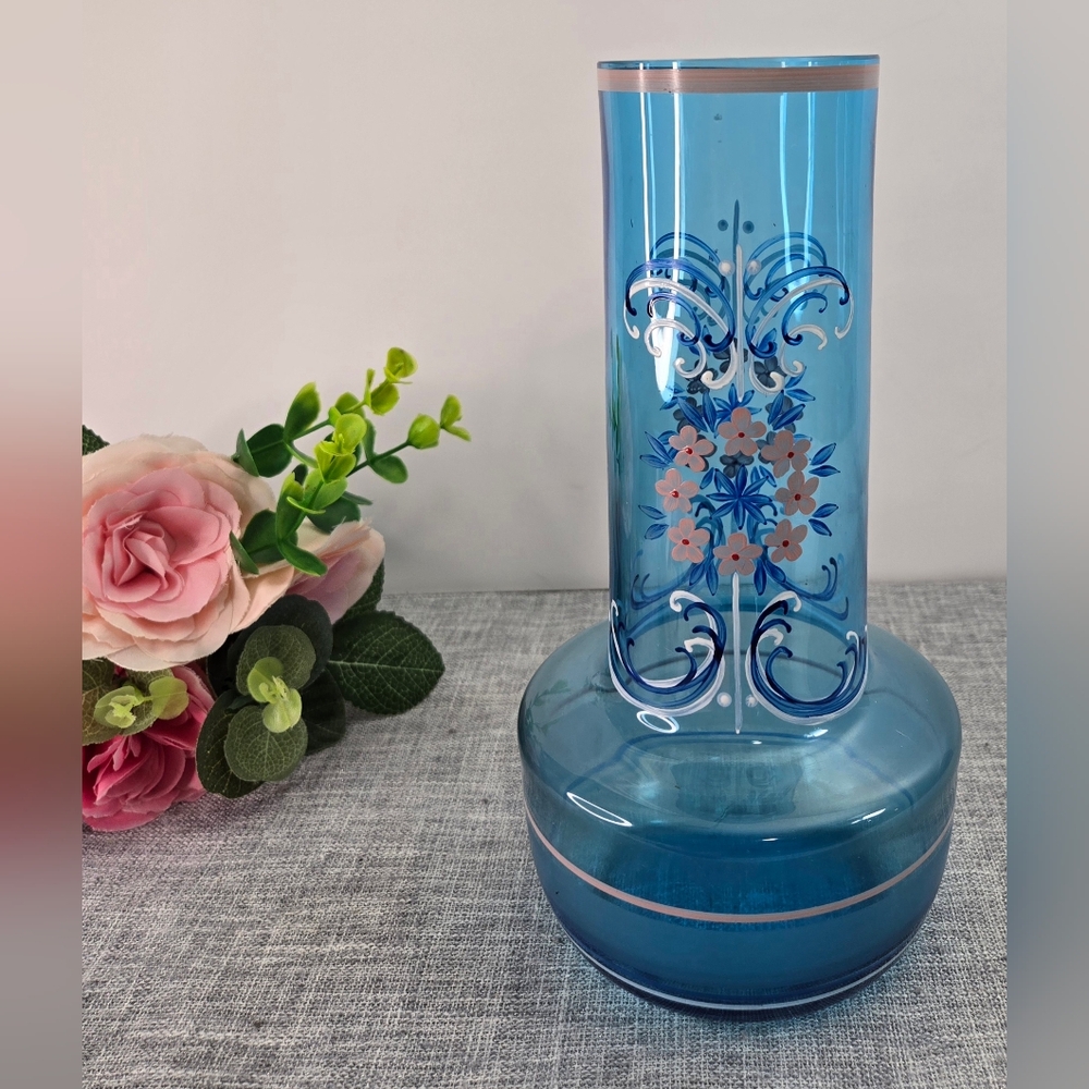Vintage Clear Blue Art Glass‎ Vase With Hand Painted Floral Design 10" Tall